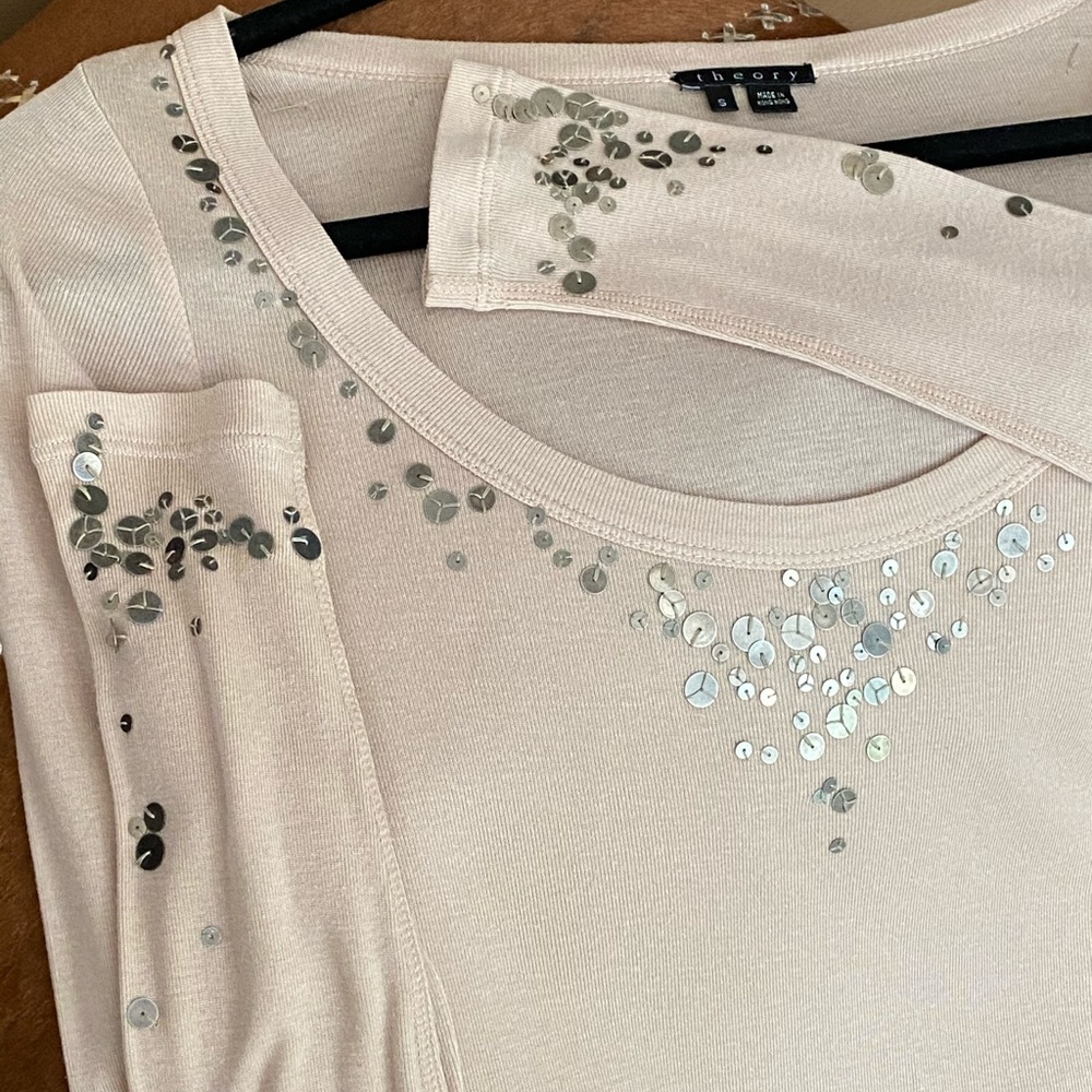 Theory beige long sleeve top with metal sequins